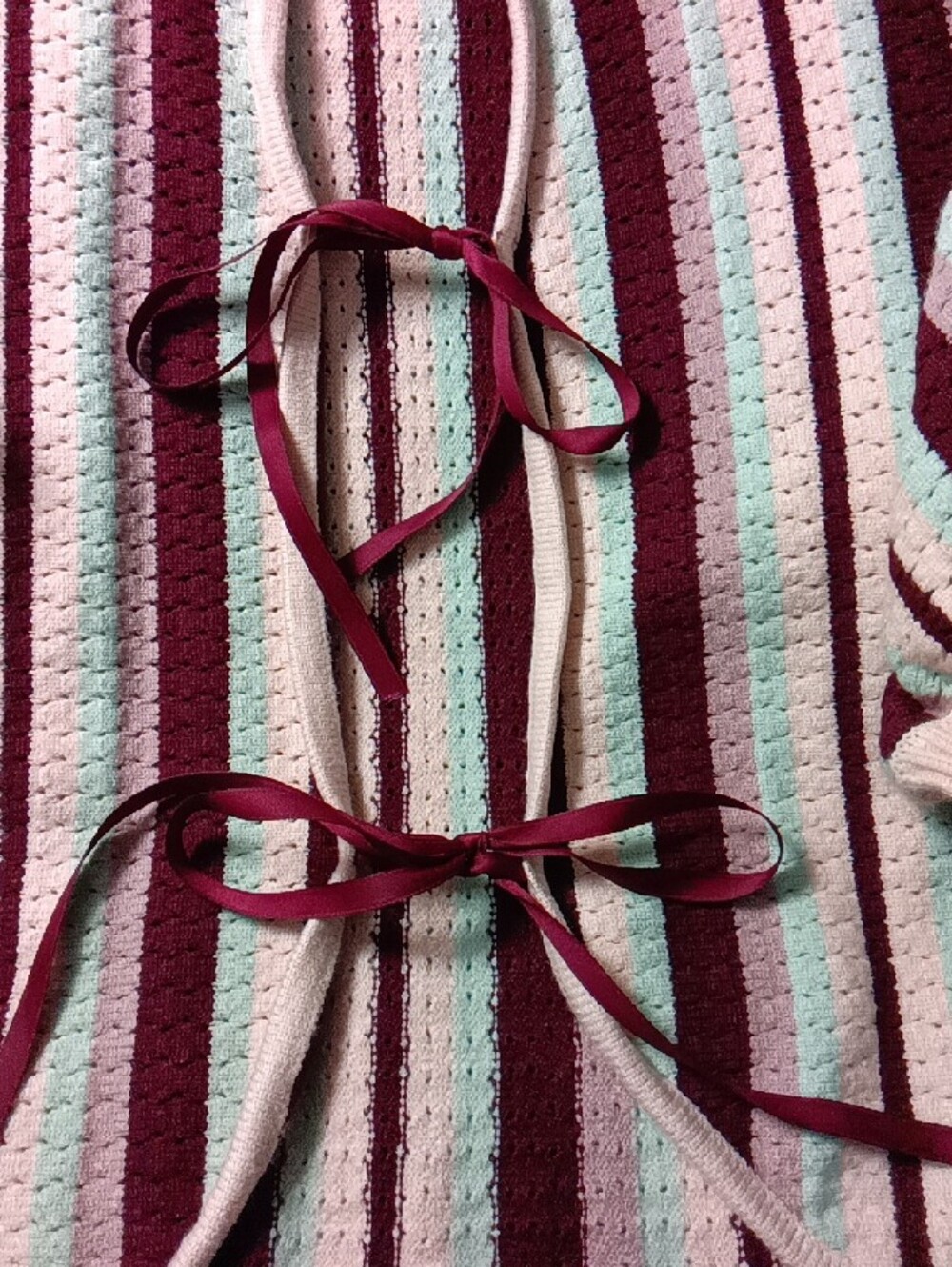 Striped Pink & Burgundy Tie-Front Women’s Sweater - Picture 2 of 2